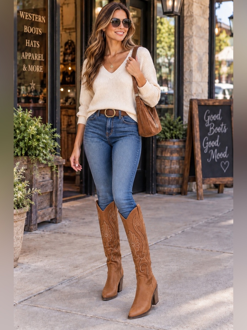 Classic Tan Western Knee-High Boots - Faux Leather 7 NWOT